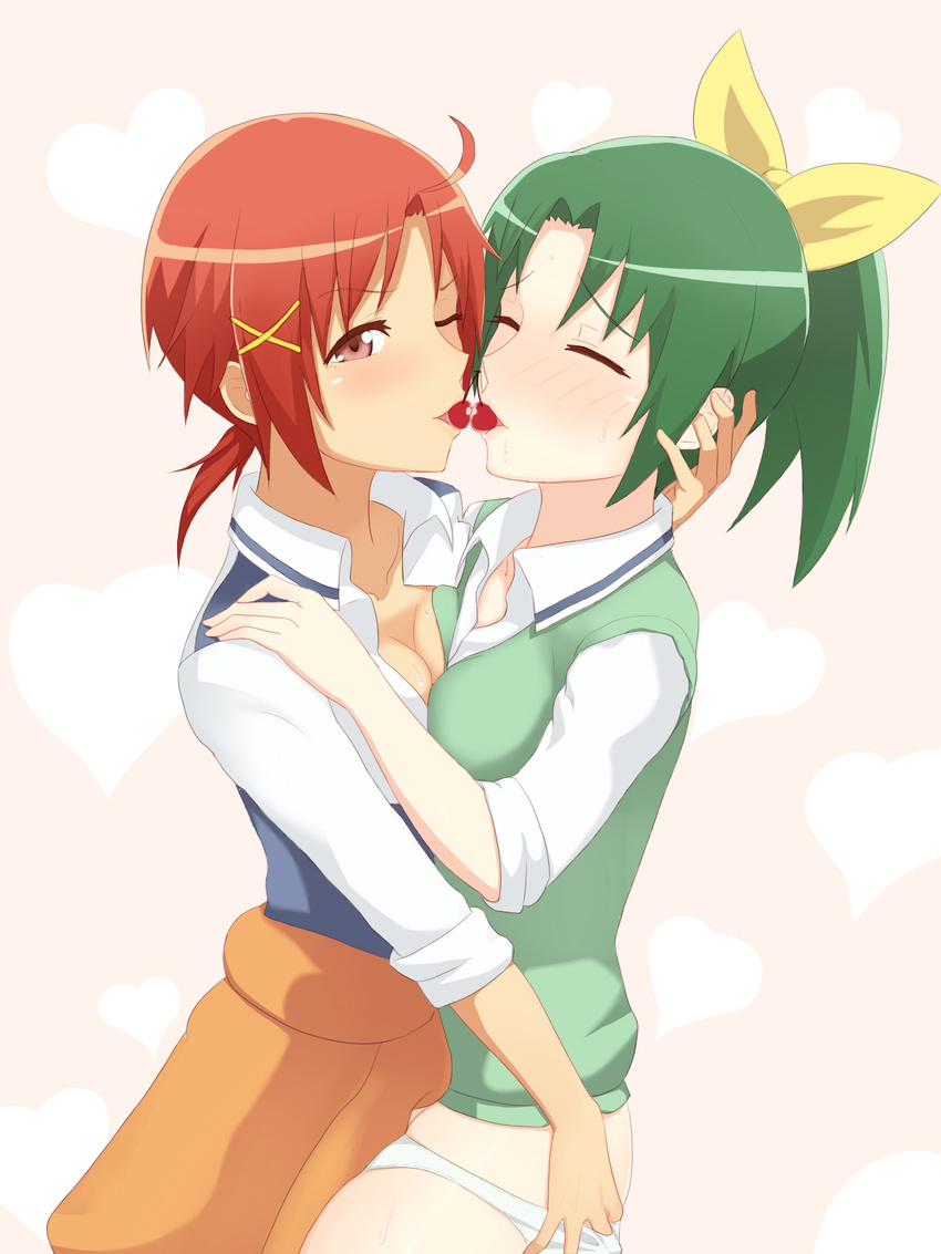 blush breast_press breasts cherry cleavage closed_eyes clothes_around_waist food fruit green_eyes green_hair hair_ornament hand_in_panties highres hino_akane_(smile_precure!) medium_breasts midorikawa_nao mouth_hold multiple_girls nanairogaoka_middle_school_uniform no_pants one_eye_closed open_mouth panties ponytail precure red_eyes red_hair school_uniform shared_food short_hair skirt sleeves_rolled_up smile smile_precure! sweater sweater_around_waist sweater_vest symmetrical_docking underwear unpale yuri