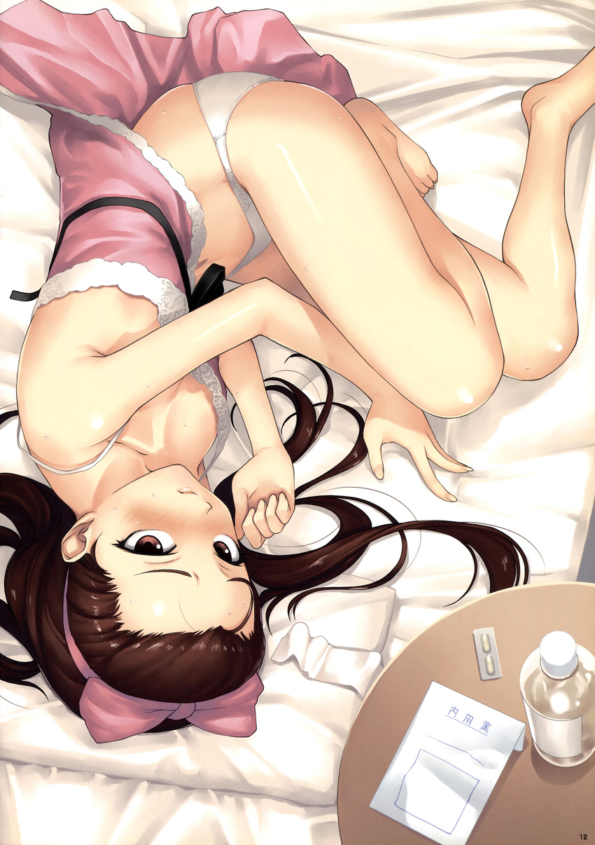 absurdres babydoll bare_legs bare_shoulders barefoot blush bow breasts brown_eyes brown_hair cleavage fetal_position fever forehead hair_bow highres idolmaster idolmaster_(classic) lips long_hair looking_at_viewer lying medium_breasts minase_iori navel on_side panties pill pink_babydoll pink_bow skindentation solo sweat tanaka_shoutarou underwear upside-down white_panties