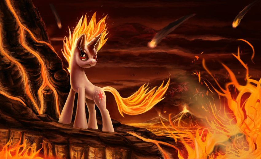 cloud clouds cutie_mark detailed_background equine female feral fire flames flaming_hair flaming_tail friendship_is_magic horn horse lava looking_at_viewer mammal meteor my_little_pony on_fire pink_body pony red_eyes solo tsitra360 twilight_sparkle_(mlp) unicorn volcano warm_colors