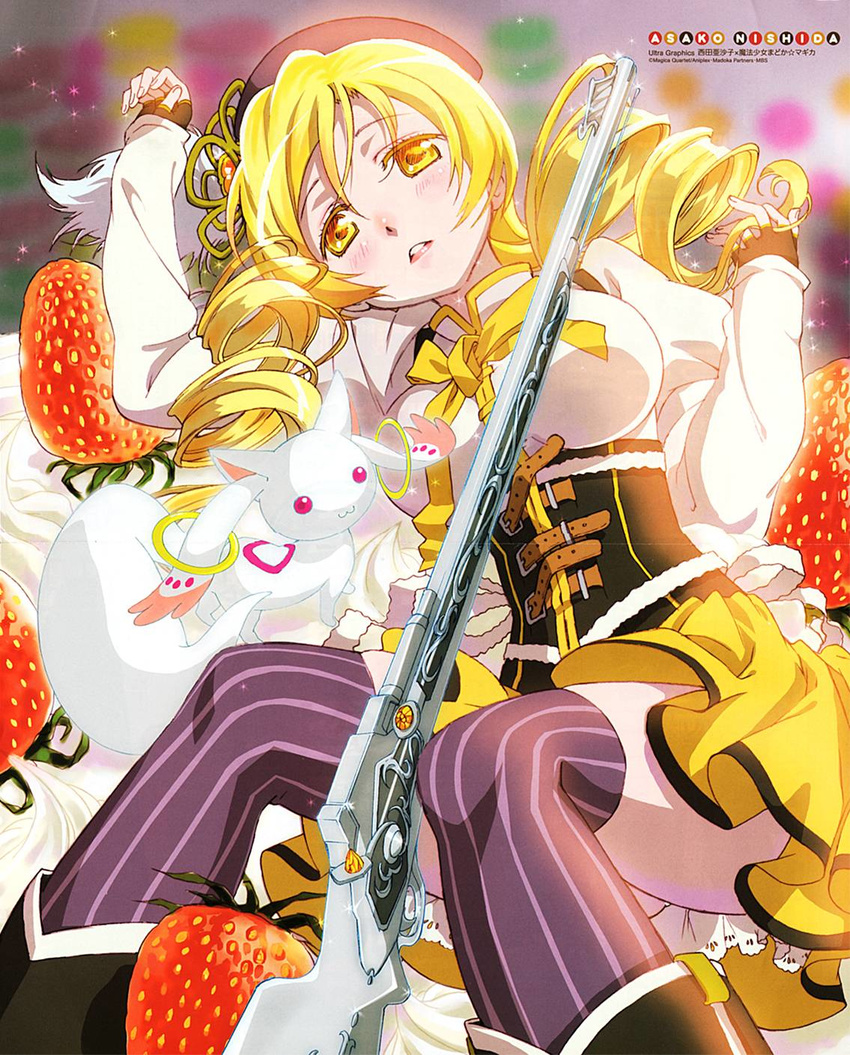 :3 beret blonde_hair breasts corset crease detached_sleeves drill_hair fingerless_gloves food fruit gloves gun hair_ornament hat highres jpeg_artifacts kyubey large_breasts lips long_hair magical_girl magical_musket mahou_shoujo_madoka_magica nishida_asako pleated_skirt scan skirt strawberry striped striped_legwear thighhighs tomoe_mami twin_drills twintails vertical-striped_legwear vertical_stripes weapon yellow_eyes