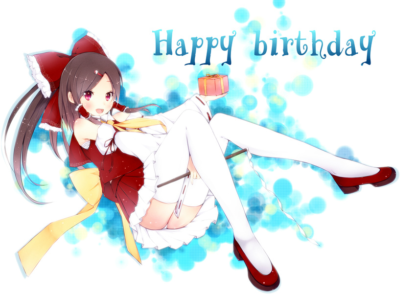 :d amatsuki_hotaru bare_shoulders brown_hair detached_sleeves gift hair_ornament hair_tubes hairclip hakurei_reimu happy_birthday highres holding holding_gift open_mouth pink_eyes smile solo thighhighs touhou white_legwear