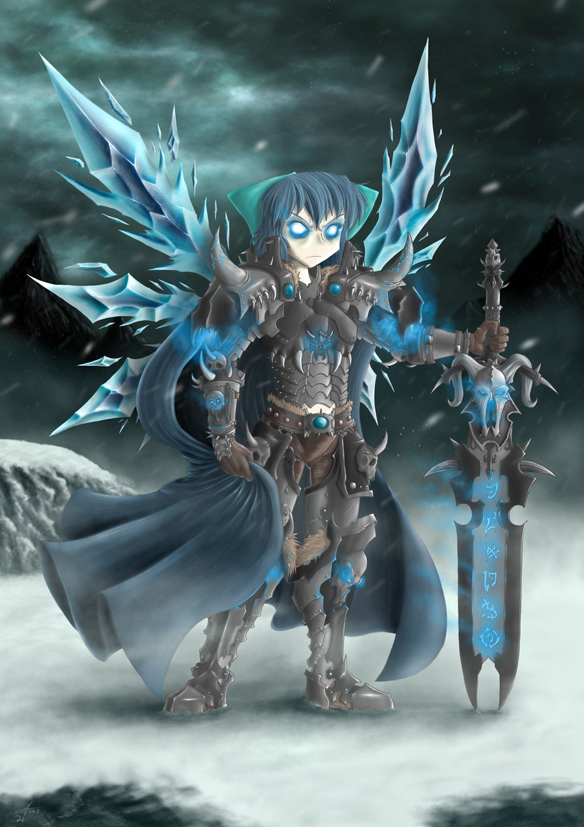 alternate_weapon armor bad_deviantart_id bad_id blackmorass blue_eyes cirno death_knight frostmourne highres parody solo sword touhou warcraft weapon winter world_of_warcraft