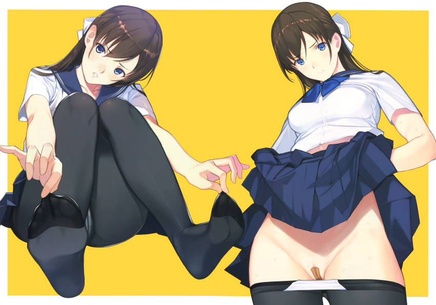 1girl absurdres bandaid bandaid_on_pussy black_legwear blue_eyes blue_skirt blush brown_hair cameltoe crotch_seam dorsiflexion feet fixed from_below frown hair_ribbon half_updo head_tilt highres knees_together_feet_apart koinumaru-san lifted_by_self lily_lily_rose long_hair looking_at_viewer looking_down maebari mibu_natsuki no_shoes original panties panties_under_pantyhose pantsu panty_pull pantyhose pantyhose_pull parted_lips pasties pleated_skirt pussy ribbon school_uniform seifuku serafuku short_sleeves sitting skirt skirt_lift soles solo solo_focus standing sweat thighband_pantyhose underwear white_panties white_ribbon