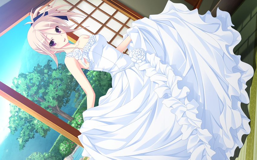 bare_shoulders blonde_hair blush clothes_grab dress dutch_angle flower game_cg garden gown hill kikurage_(plastic_people) looking_at_viewer minami_wakana nature purple_eyes rose side_ponytail solo tree wedding_dress white_dress white_flower white_rose zutto_tsukushite_ageru_no!