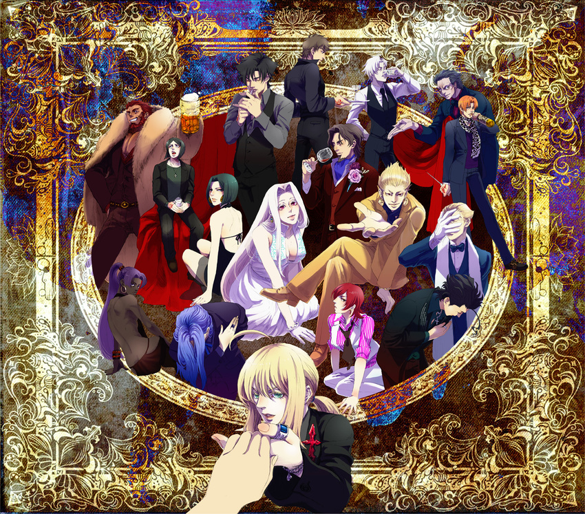 6+boys ahoge artoria_pendragon_(all) assassin_(fate/zero) bad_id bad_pixiv_id berserker_(fate/zero) black_hair black_skin blonde_hair blue_hair brown_hair caster_(fate/zero) cravat dark_skin dress emiya_kiritsugu everyone fate/zero fate_(series) female_assassin_(fate/zero) fititi formal gilgamesh highres hisau_maiya irisviel_von_einzbern kayneth_el-melloi_archibald kotomine_kirei lancer_(fate/zero) matou_kariya multiple_boys multiple_girls purple_hair red_hair rider_(fate/zero) saber sola-ui_nuada-re_sophia-ri suit toosaka_tokiomi uryuu_ryuunosuke waver_velvet white_hair