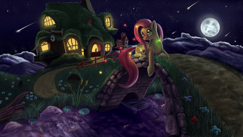 angel_(mlp) birdhouse bridge burrow colorful cottage cutie_mark equine female feral fireflies firefly fish flower fluttershy_(mlp) friendship_is_magic grass green_eyes hair horse house lagomorph lily_pad mammal marine moon mountain my_little_pony night outside pegasus pink_hair pony rabbit reed reflection rock scenery shooting_star smile solo star tree tsitra360 water wings wood yellow_body
