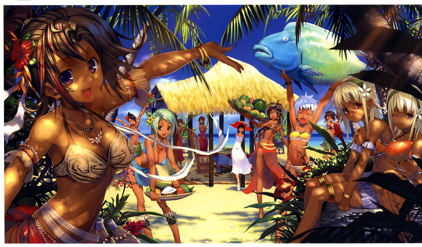 :d \o/ absurdres armlet armpits arms_up beach bikini blue_eyes blue_hair blush bracelet breasts brown_hair cleavage closed_eyes coconut dark_skin dress fang fish flower food fruit green_sarong hair_flower hair_ornament hairband harem hat hibiscus highres jewelry large_breasts letterboxed long_hair looking_back masa_(masa-koba) multiple_girls necklace one_eye_closed open_mouth orange_sarong original outstretched_arms palm_tree pineapple purple_eyes red_eyes red_ginger_(flower) red_sarong sarong shirt short_hair smile strapless sundress swimsuit taut_clothes taut_shirt tree tropical tubetop watermelon white_hair