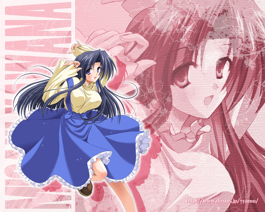 :o arms_up bare_legs black_hair blue_eyes blue_skirt bouncing_breasts breasts frilled_skirt frills full_body jumping kawana_misaki large_breasts long_hair long_skirt looking_at_viewer one open_mouth shirt skirt solo very_long_hair wallpaper yamu_(reverse_noise) yellow_shirt zoom_layer