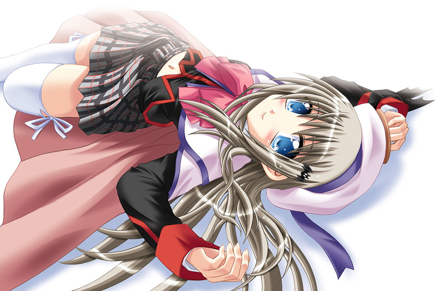 blue_eyes bow cape hat little_busters! long_hair lying navel noumi_kudryavka otoki_raku pink_bow plaid plaid_skirt school_uniform silver_hair skirt solo thighhighs