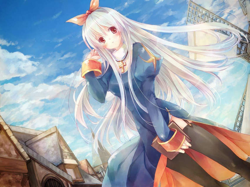 book cloud day priest priest_(ragnarok_online) ragnarok_online red_eyes sky thighhighs torisoboro_(twiddle) white_hair windmill