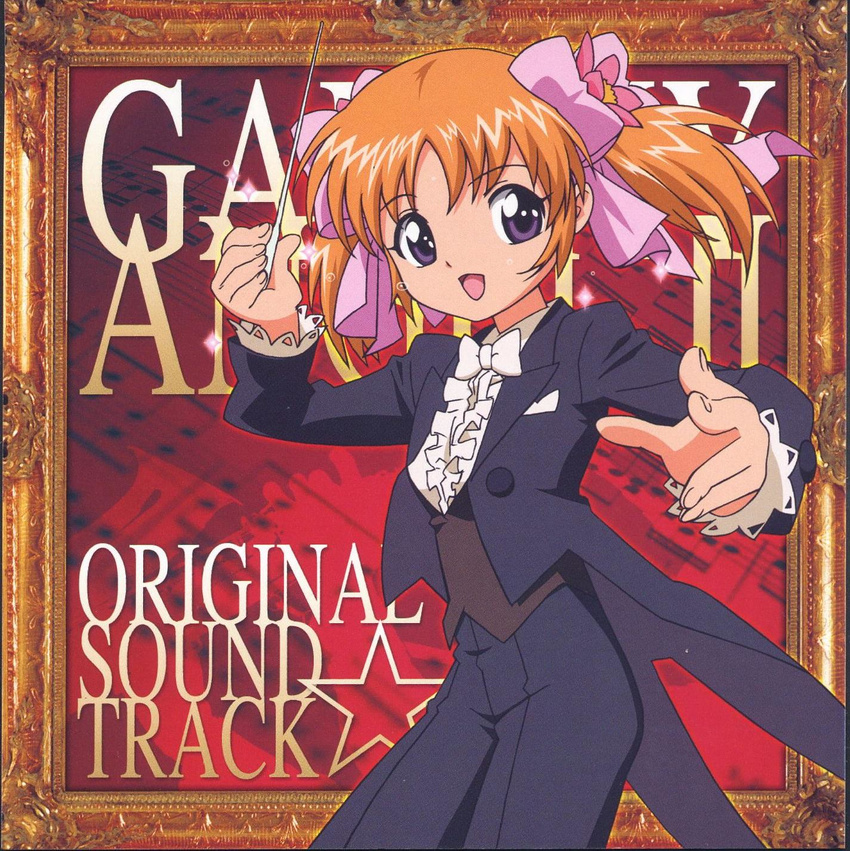 apricot_sakuraba baton_(instrument) conductor flower formal galaxy_angel galaxy_angel_rune highres non-web_source pant_suit ribbon solo suit tailcoat tuxedo twintails