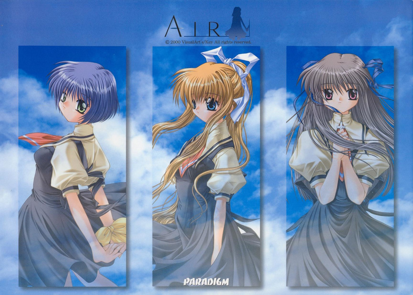 air arms_behind_back artbook bangs blonde_hair blue_eyes blue_hair cloud column_lineup copyright_name cover cross day dress expressionless floating_hair green_eyes hair_between_eyes hair_ribbon hands_clasped highres hinoue_itaru kamio_misuzu kirishima_kano long_hair looking_at_viewer looking_away looking_back multiple_girls necktie official_art outdoors own_hands_together pink_eyes profile puffy_sleeves ribbon scan school_uniform serafuku short_hair sidelocks silver_hair sky standing toono_minagi turtleneck very_long_hair watermark wind