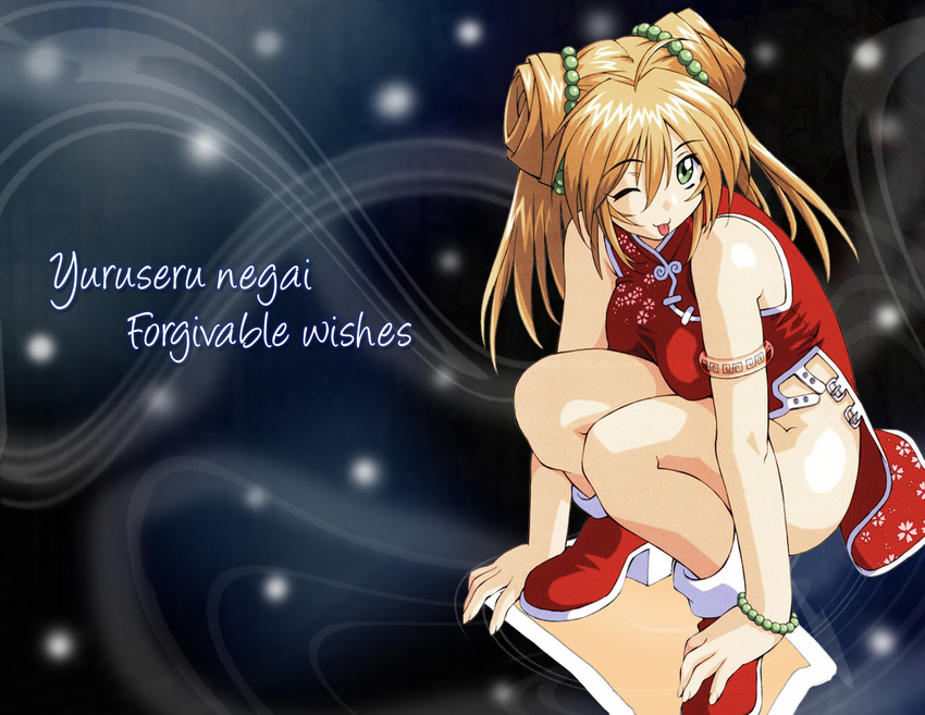 ;p ahoge bangs beads bracelet breasts china_dress chinese_clothes double_bun dress green_eyes high_heels ikkitousen jewelry knees_to_chest large_breasts long_hair no_panties official_art one_eye_closed orange_hair red_dress shiozaki_yuji shirt shoes solo sonsaku_hakufu squatting taut_clothes taut_shirt tongue tongue_out twintails wallpaper