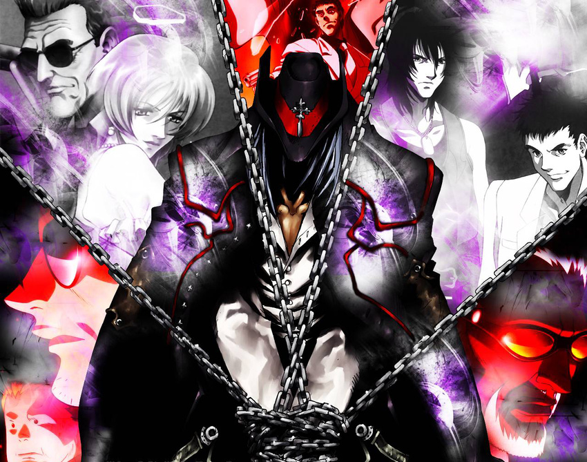 4boys artist_request asagi_maria big_daddy_(gungrave) brandon_heat cape chain character_request closed_mouth demon grey gungrave harry_macdowell looking_at_viewer multiple_boys red_skin silhouette smirk sunglasses wallpaper yellow_eyes