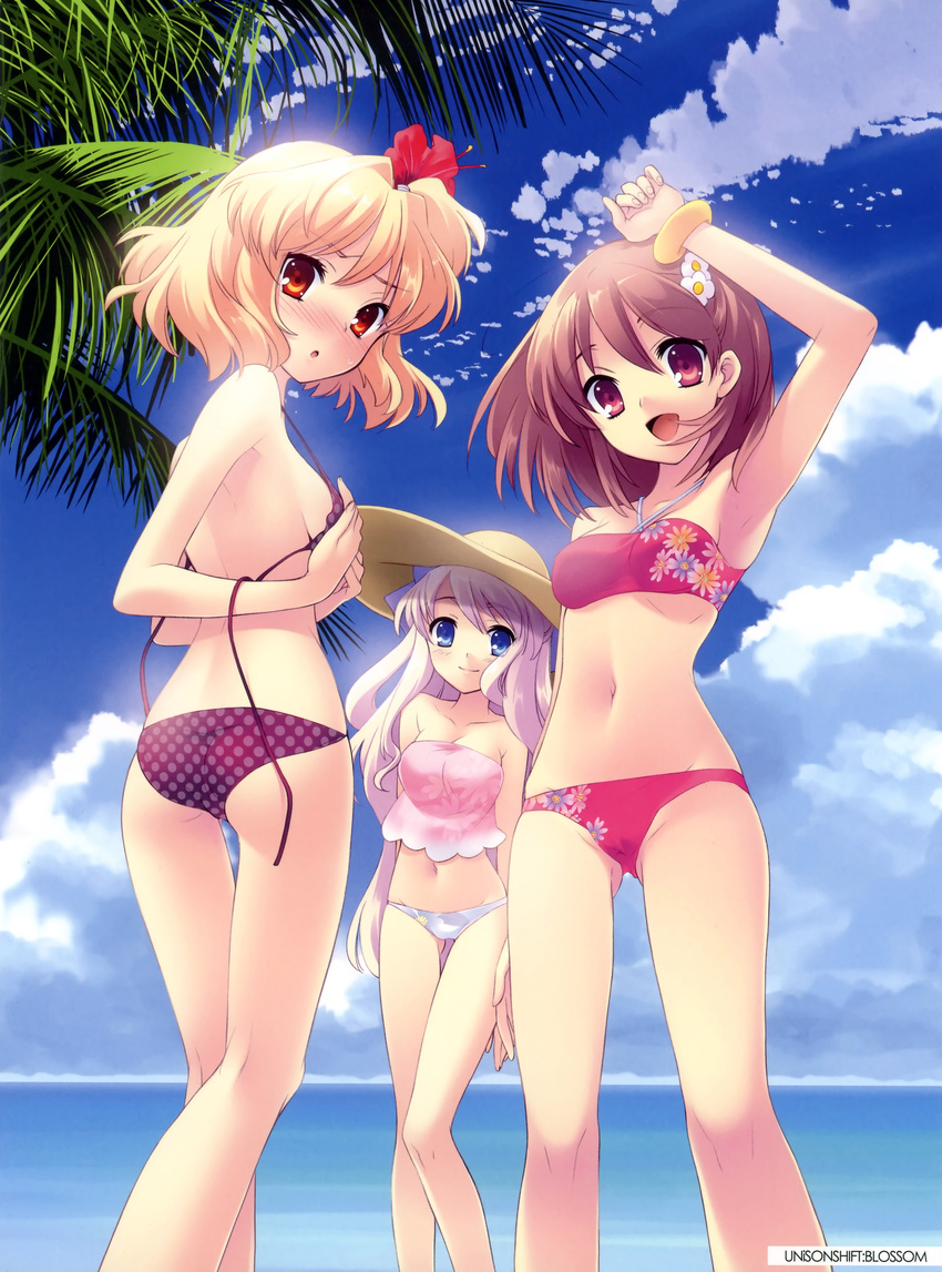 :o absurdres arm_up armpits ass bandeau bare_shoulders bikini blonde_hair blue_eyes blue_sky blush bracelet breasts brown_hair cleavage cloud covering covering_breasts criss-cross_halter day floral_print flower flyable_heart hair_flower hair_ornament halter_top halterneck hat hibiscus highres inaba_yui itou_noiji jewelry looking_at_viewer looking_back medium_breasts midriff minase_sakurako multiple_girls navel open_mouth panties pink_hair polka_dot polka_dot_bikini polka_dot_swimsuit red_eyes see-through short_hair side-tie_panties sideboob sky small_breasts smile strap_gap sumeragi_amane swimsuit tankini thigh_gap underwear untied wardrobe_malfunction yellow_eyes
