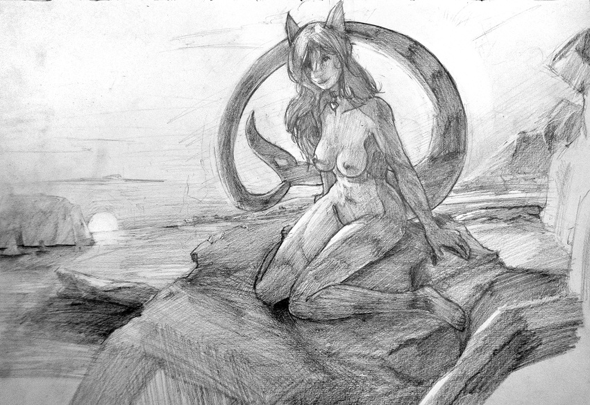 &hearts; anthro barefoot breasts cetacean dolphin female greyscale hair kloh0und long_hair long_tail looking_at_viewer mammal marine monochrome natalie_(greymaria) nipples nude ocean pencil sea sitting solo sunset water wide_hips