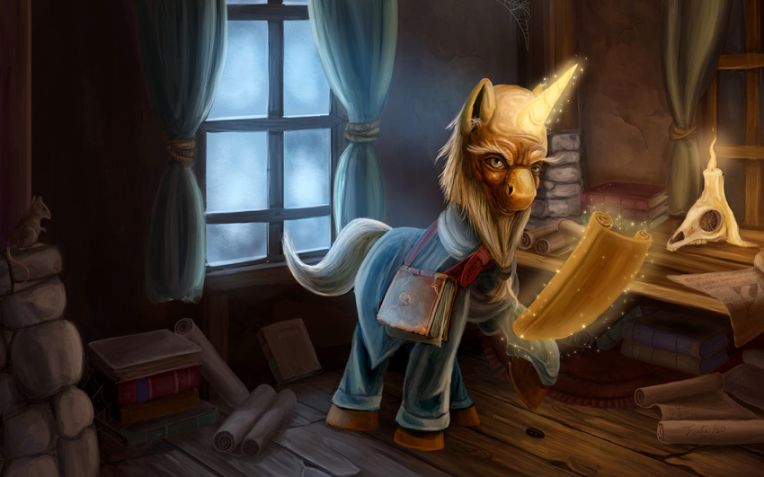 2012 beard book candle candle_light candlelight carpet clothed clothing crossover curtains deckard_cain detailed_background diablo equine facial_hair feral friendship_is_magic hi_res horn horse magic male mammal moonlight mouse my_little_pony paper ponification pony rodent scroll skull solo spider_web tsitra360 wallpaper window