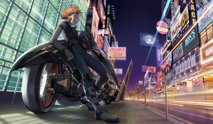 city crow_hogan d-wheel duel_monster fudou_yuusei ground_vehicle headband helmet motor_vehicle motorcycle night orange_hair yna yuu-gi-ou yuu-gi-ou_5d's