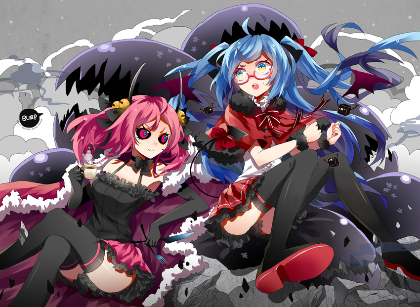 bell black_legwear black_sclera blue_hair crossed_legs fork glasses horns jingle_bell knife long_hair multiple_girls pink_hair pixiv_fantasia pixiv_fantasia_sword_regalia sitting smile thighhighs tsukii