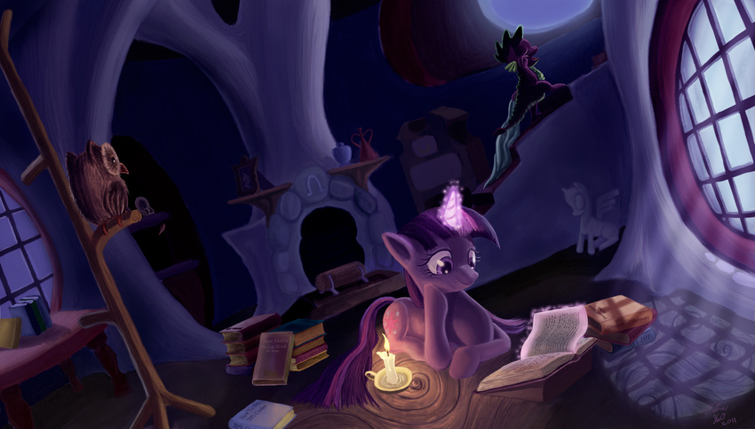 2011 avian blanket book candle candle_light candlelight detailed_background dragon equine female feral fireplace friendship_is_magic hair hi_res horn horse horseshoe log magic male mammal moonlight my_little_pony night owl owlowiscious_(mlp) pony purple_eyes purple_hair reading scalie shelf spike_(mlp) stairs studying tsitra360 twilight_sparkle_(mlp) two_tone_hair unicorn wallpaper widescreen window wood