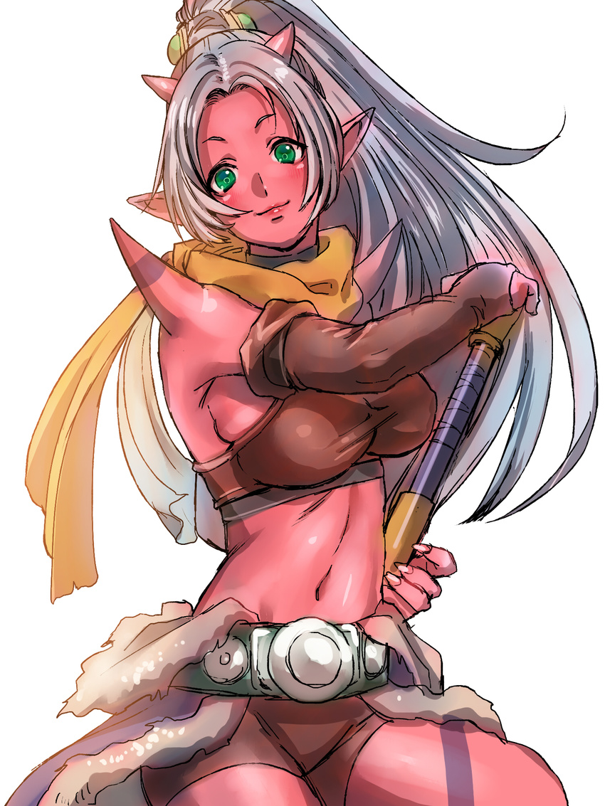 arm_strap armpits backlighting bad_id bad_pixiv_id belt bike_shorts blue_skirt blush breasts bridal_gauntlets closed_mouth club collar cowboy_shot demon_girl dragon_quest dragon_quest_x fingernails fur_trim green_eyes hair_ornament hand_on_hilt high_ponytail highres holding holding_weapon horns katou_teppei large_breasts light_smile long_fingernails long_hair long_ponytail looking_at_viewer maiyu_(dq10) midriff navel ogre_(dq10) pointy_ears ponytail red_skin scarf showgirl_skirt sideboob silver_hair simple_background sketch skirt smile solo spikes sports_bra standing tattoo taut_clothes weapon white_background yellow_scarf