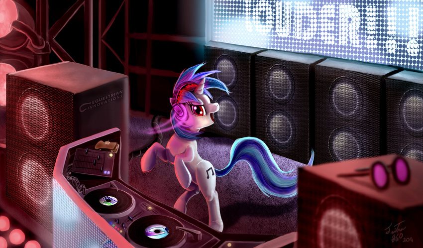 absurd_res blue_hair concert cutie_mark detailed_background dj english_text equine eyewear female feral food friendship_is_magic hair headphones hi_res horn horse light looking_at_viewer mammal musical_note my_little_pony open_mouth performance pony rave record red_eyes sandwich sandwich_(food) screen solo speaker sunglasses text tsitra360 turntable two_tone_hair unicorn vinyl_scratch_(mlp)