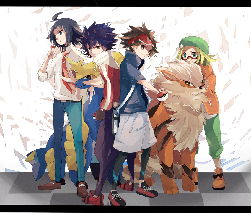 3boys ahoge arcanine bag bel_(pokemon) beret black_hair blonde_hair brown_hair cheren_(pokemon) gen_1_pokemon gen_5_pokemon glasses gloves hat hat_ribbon holding holding_poke_ball hue_(pokemon) jacket kyouhei_(pokemon) leggings looking_at_viewer multiple_boys necktie poke_ball pokemon pokemon_(creature) pokemon_(game) pokemon_bw2 pokemon_trainer ribbon samurott shoes shoulder_bag smile sneakers tyatya visor_cap