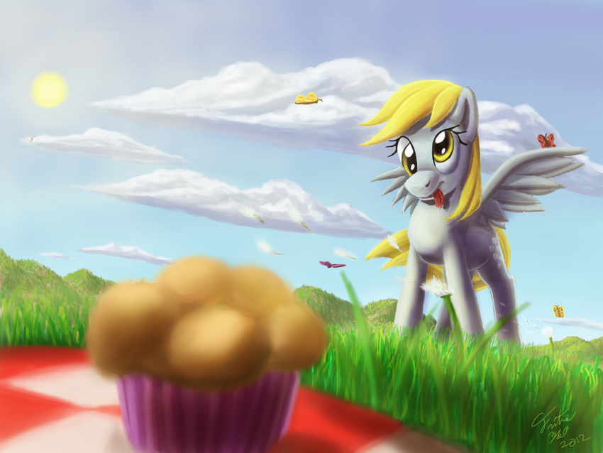 absurd_res arthropod blonde_hair butterfly cloth cloud cutie_mark dandelion derpy_hooves_(mlp) detailed_background equine female feral food friendship_is_magic grass hair hi_res horse insect mammal mountain muffin my_little_pony pegasus pony solo sun tongue tongue_out tsitra360 wings