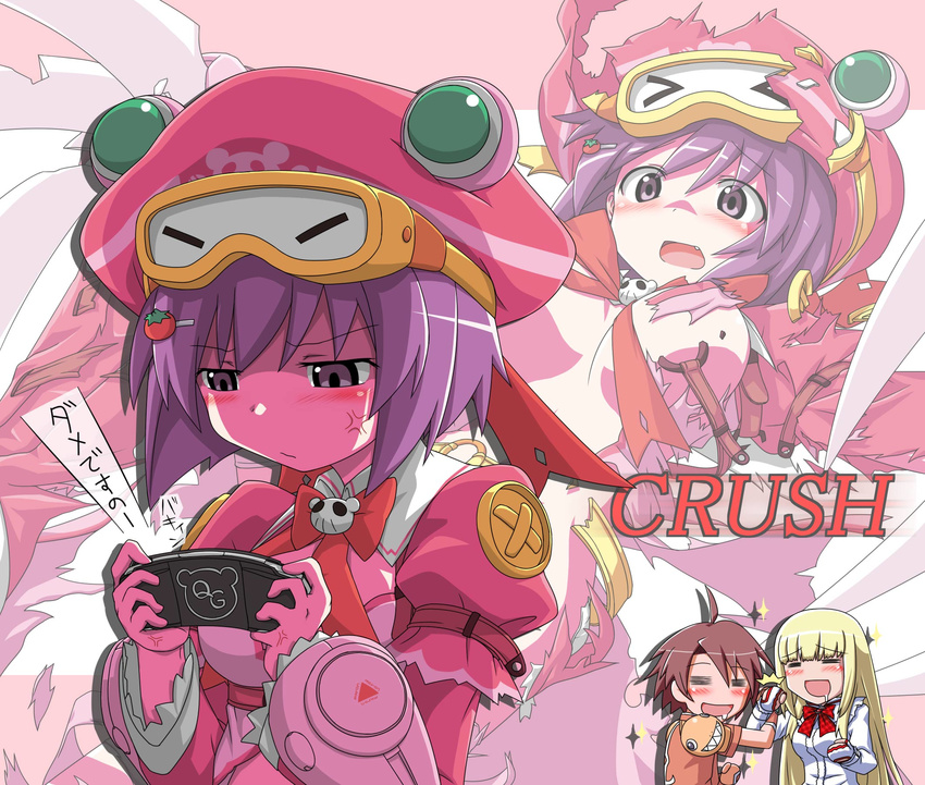 2girls claws crossover emilie_de_rochefort goggles hat highres jan_(queen's_blade) jan_(queen's_blade) lili_(tekken) lowres maron_macaron multiple_girls playstation_portable psp purple_eyes purple_hair queen's_gate queen's_gate_spiral_chaos queen's_gate queen's_gate_spiral_chaos shirosame tekken torn_clothes