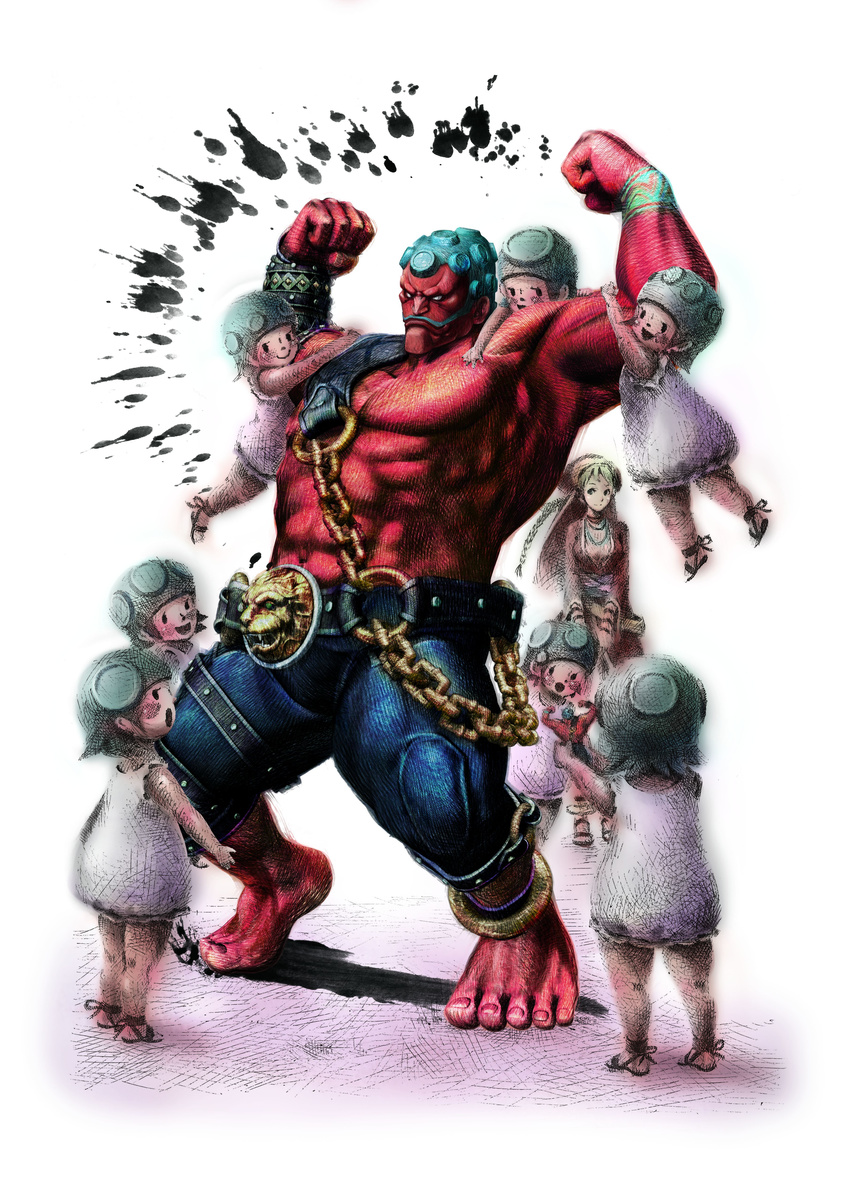 absurdres age_difference blue_hair capcom child family father_and_daughter hakan hakan's_daughter hakan's_daughters hakan's_wife hakan's_daughter hakan's_daughters hakan's_wife highres ikeno_daigo manly muscle official_art red_skin size_difference street_fighter street_fighter_iv