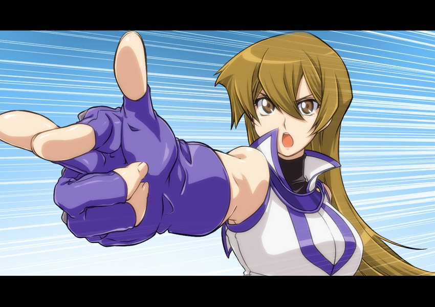 blonde_hair brown_eyes female fingerless_gloves gloves ho-cki obelisk_blue_uniform open_mouth pointing school_uniform solo tenjouin_asuka yu-gi-oh! yuu-gi-ou_gx