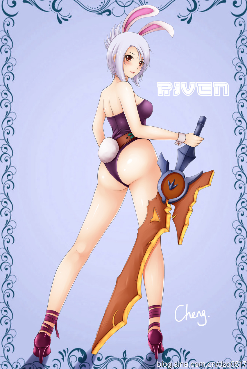 absurdres animal_ears ass bare_legs bare_shoulders battle_bunny_riven belt blush broken broken_sword broken_weapon bunny bunny_ears bunny_girl bunny_tail bunnysuit character_name cheng high_heels highres kemonomimi_mode league_of_legends legs lips no_legwear red_eyes riven_(league_of_legends) shoes short_hair signature silver_hair solo sword tail weapon wrist_cuffs