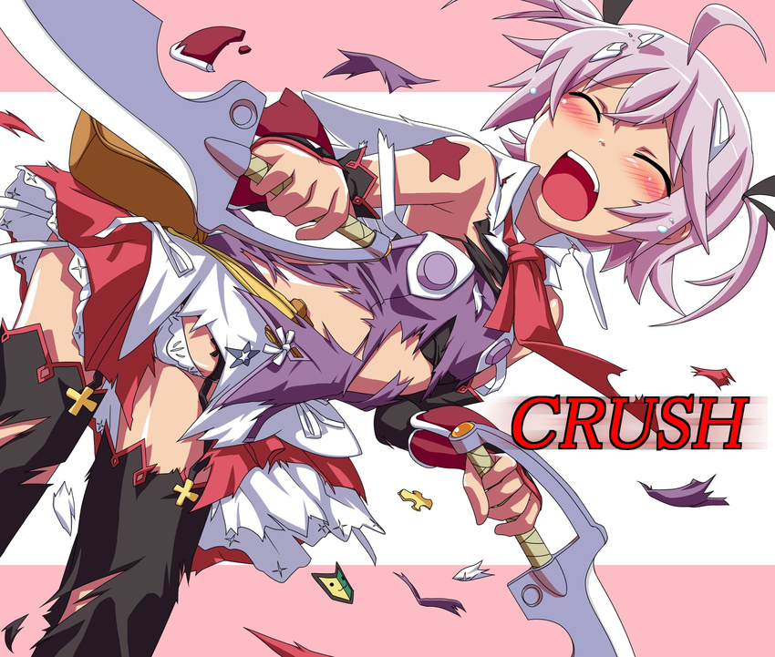 blush cute_(queen's_blade) cute_(queen's_blade) exploding_clothes highres lowres open_mouth panties pantyshot purple_hair queen's_blade queen's_blade_spiral_chaos queen's_blade queen's_blade_spiral_chaos shirosame short_hair tattoo tearing_clothes thighhighs torn_clothes underwear weapon