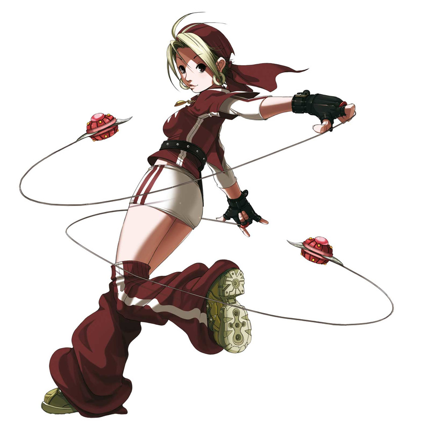 \m/ antenna_hair bandanna belt blade blonde_hair dual_wielding earrings falcoon fingerless_gloves from_behind gloves highres hoop_earrings jewelry king_of_fighters king_of_fighters_2003 leg_up looking_back malin miniskirt necklace official_art pendant shoes short_hair simple_background skirt smile sneakers snk solo standing standing_on_one_leg striped thighhighs weapon yo-yo yoyo