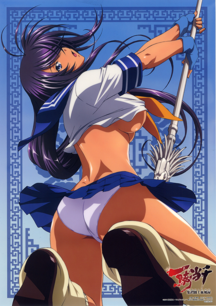 1girl absurdres ass blue_eyes breasts female fingerless_gloves gloves highres ikkitousen ikkitousen_shuugaku_toushi_keppuu-roku kan'u_unchou kanu_unchou large_breasts legwear long_hair looking_back miniskirt official_art open_mouth panties pantyshot purple_hair school_uniform short_skirt skirt solo stockings thighhighs underwear upskirt weapon