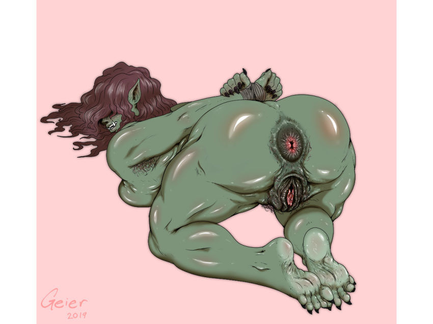 2019 anus barefoot bound breasts butt digital_drawing_(artwork) digital_media_(artwork) feet female geier green_skin hair hair_over_eye humanoid not_furry nude orc pointy_ears presenting presenting_hindquarters pubes pussy simple_background smile soles solo thick_thighs toes wide_hips