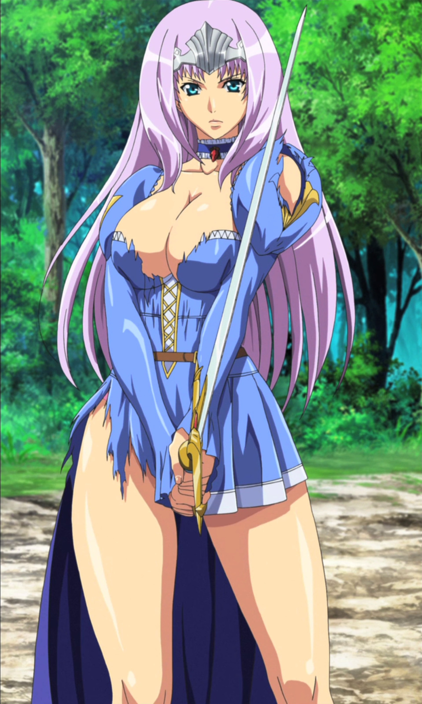 absurdres annelotte blue_dress blue_eyes breasts dress female highres large_breasts long_hair queen's_blade queen's_blade_rebellion queen's_blade queen's_blade_rebellion screencap solo standing sword torn_clothes weapon