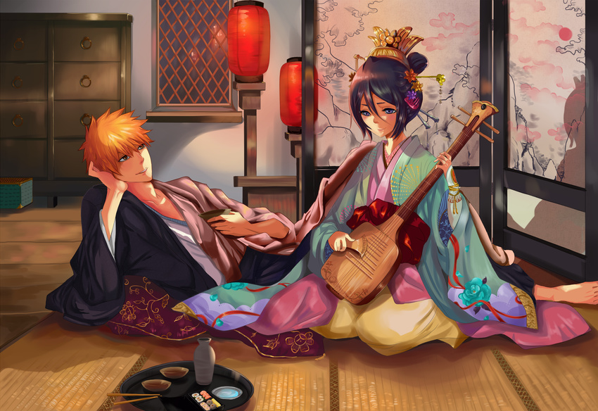 1boy 1girl alcohol arm_support black_hair bleach chest_of_drawers chopsticks cup duongvjp guitar hair_between_eyes hair_ornament hair_up highres holding instrument japanese_clothes kuchiki_rukia kurosaki_ichigo lantern lying on_side open_mouth orange_eyes orange_hair pillow plate purple_eyes sake screen shamisen short_hair sitting smile sushi window