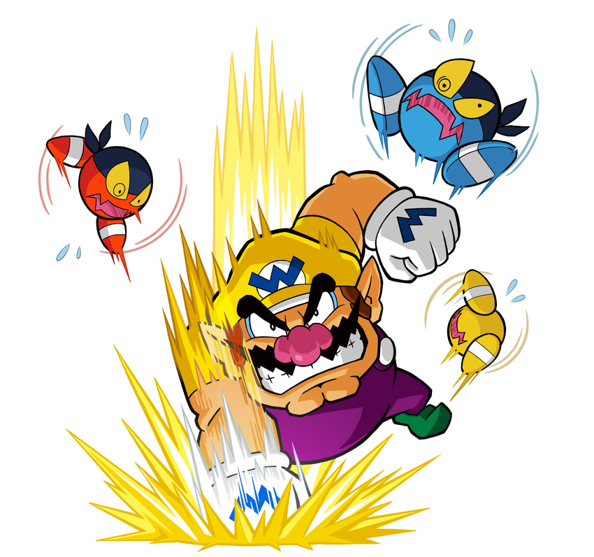 absurdres facial_hair fat fat_man gloves hat highres mario_(series) mustache nintendo official_art overalls punch punching super_mario_bros. teeth wario wario_land