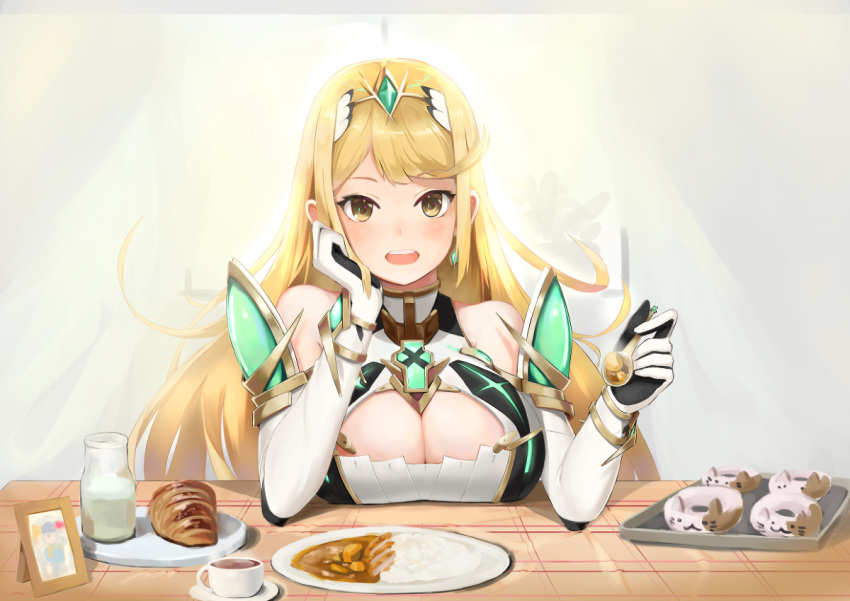 1girl bangs bare_shoulders blonde_hair bracelet breast_rest breasts breasts_on_table chocolate_cornet cleavage cleavage_cutout coffee collarbone curry curry_rice earrings feeding food gem gloves headpiece hikari_(xenoblade_2) jewelry large_breasts long_hair looking_at_viewer milk nintendo open_mouth picture_(object) picture_frame plate rice saozakana sitting smile solo spoon sunlight swept_bangs tiara tray very_long_hair white_gloves window xenoblade_(series) xenoblade_2 yellow_eyes