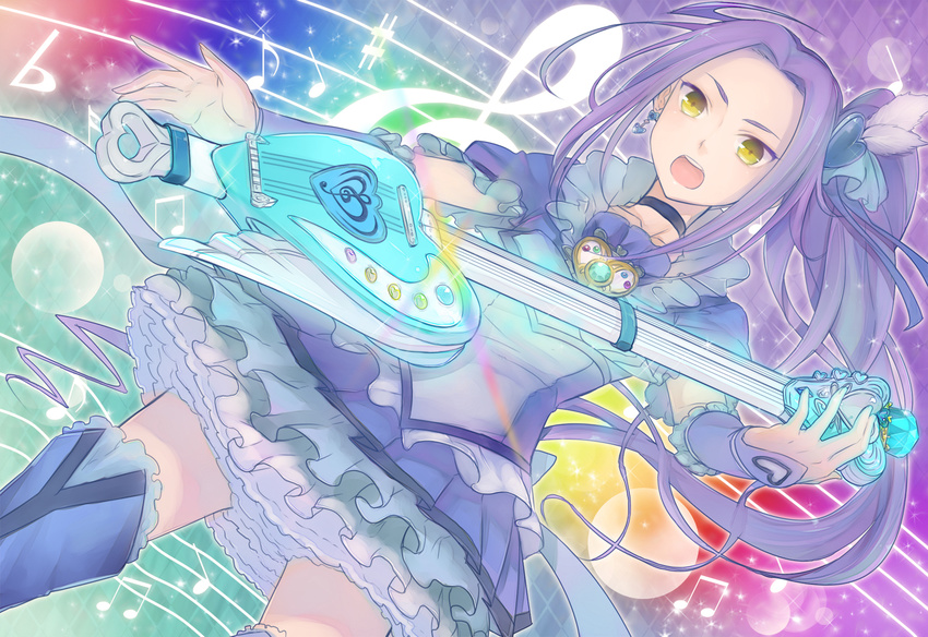 bad_id bad_pixiv_id beamed_eighth_notes blue_choker blue_skirt blush boots choker cure_beat dress eighth_note flat_sign frills guitar heart instrument kurokawa_eren long_hair love_guitar_rod magical_girl minatsuki_randoseru musical_note open_mouth precure purple_hair quarter_note rainbow_background seiren_(suite_precure) sharp_sign skirt suite_precure thigh_boots thighhighs treble_clef yellow_eyes