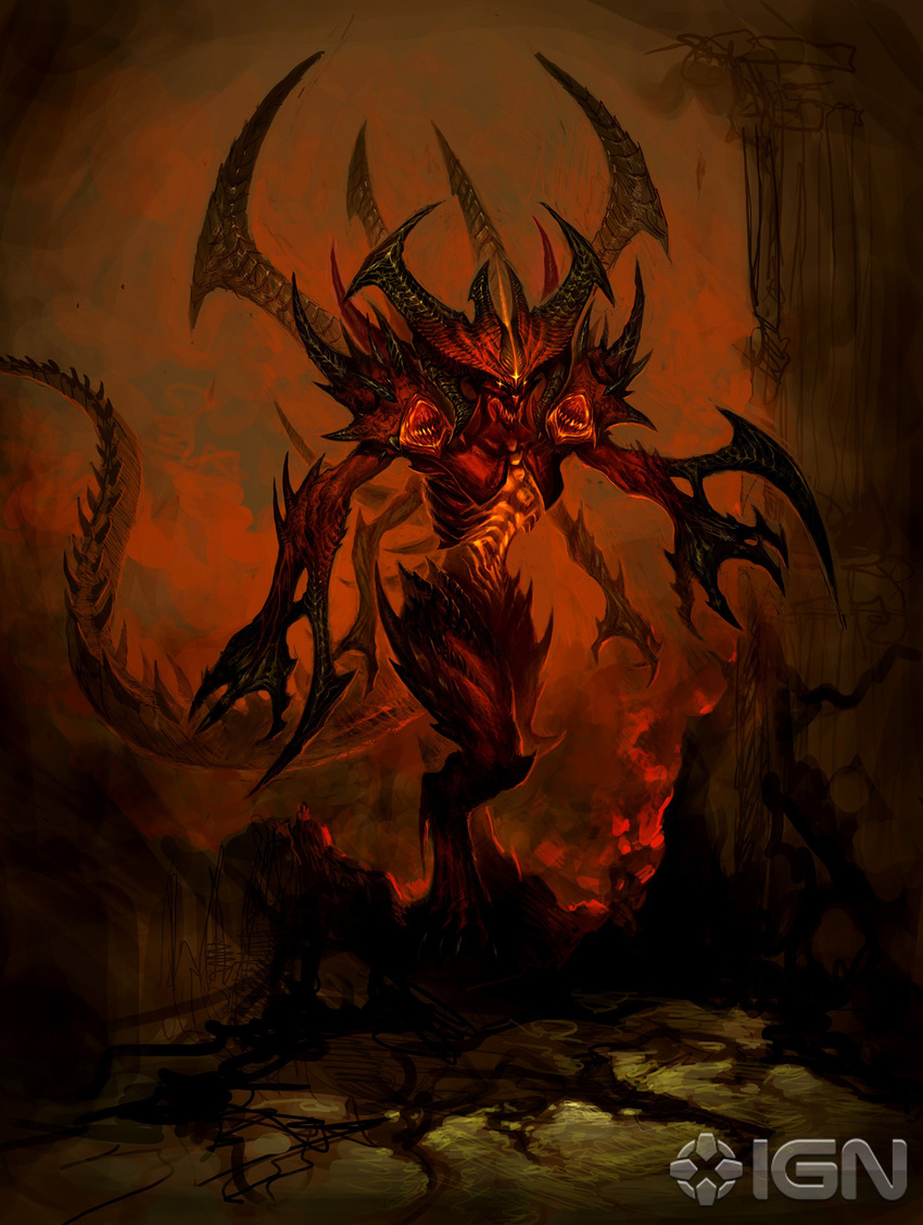 demon diablo female fire glowing_eyes hell multi_limb multiple_arms red_skin solo