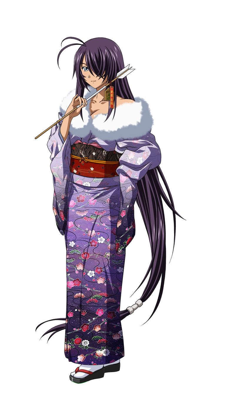 1girl 2012 absurdly_long_hair arrow blue_eyes breasts fur fur_trim geta highres ikkitousen japanese kan'u_unchou kanu_unchou long_hair official_art purple_hair smile solo very_long_hair