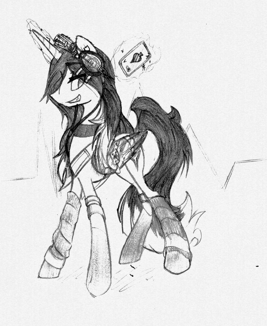 &#9824; card equine female feral friendship_is_magic greyscale hair headphones horn ipod long_hair makoroll mammal meadow_(character) monochrome my_little_pony original_character pencil plain_background playing_card scan solo standing unicorn