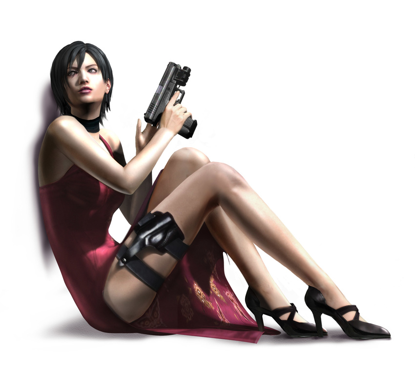 1girl 3d ada_wong bare_shoulders black_hair capcom dress female full_body game gun handgun high_heels highres holster official_art red_dress resident_evil resident_evil_4 side_slit sitting solo survival_horror weapon