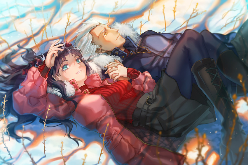 1boy 1girl archer black_coat black_footwear black_hair black_legwear black_skirt boots carrot_(supercarrot) cross-laced_footwear fate/stay_night fate_(series) green_eyes hand_holding knee_boots lace-up_boots long_hair lying on_back pantyhose pink_coat red_shirt shirt skirt smile tohsaka_rin white_hair