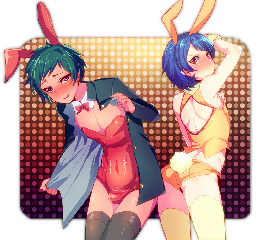 animal_ears bare_shoulders black_legwear blue_hair blush bow bowtie bulge bunny_boy bunny_ears bunny_tail bunnysuit crossdressing detached_collar green_hair male_focus minemura multiple_boys original otoko_no_ko red_eyes tail thighhighs tongue tongue_out wrist_cuffs yellow_legwear