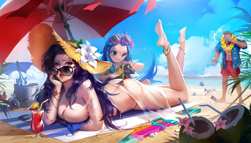 1boy 3girls anklet artist_request ass bangle bangs barefoot beach bikini blue_bikini blue_sky bracelet breasts chin_rest cleavage coconut day eyewear_on_head flower flower_necklace hat hat_flower highres horizon jewelry large_breasts league_of_legends lips looking_at_viewer lying multiple_girls necklace on_stomach open_mouth outdoors parted_bangs pool_party_caitlyn pool_party_graves pool_party_lulu pool_party_zoe purple_eyes purple_hair sand see-through sky string_bikini sun_hat sunglasses swimsuit tanning_oil thong thong_bikini untied untied_bikini