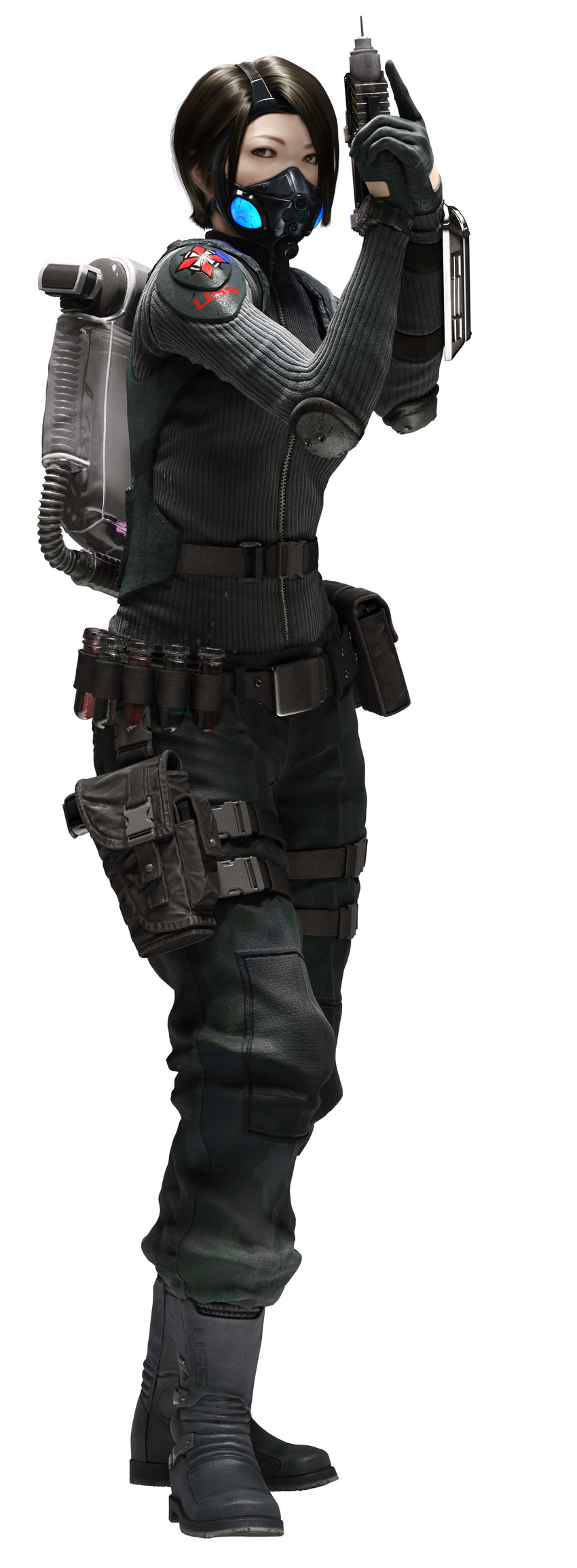 1girl absurdres belt breasts brown_eyes brown_hair capcom christine_yamata gas_mask gun highres large_breasts long_image resident_evil resident_evil_operation_raccoon_city rifle short_hair solo sweater tall_image weapon
