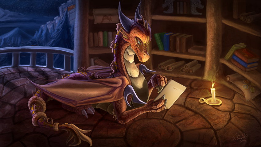 balcony book candle candle_light candlelight castle claws detailed_background dragon female feral fire horn jewelry kindle lying moonlight mountain orange_body reading scalie scroll solo tree tsitra360 wall wings wood
